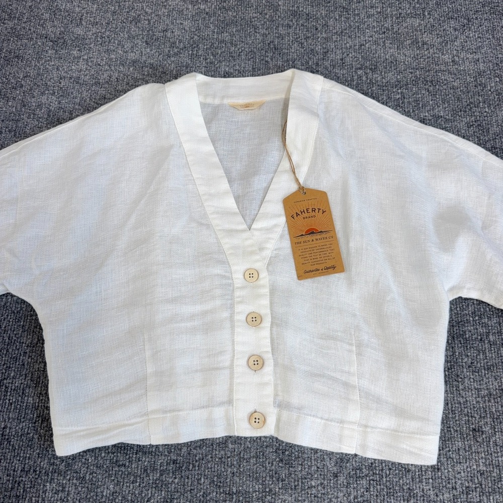 Faherty Top Women Medium Bright White Palma Linen Avery Shirt Cropped Button NEW - Picture 2 of 10